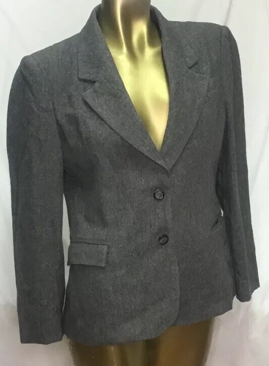 Vintage Saville Blazer Size 10 Jacket Pockets Grey Shoulder Pads Wool blend