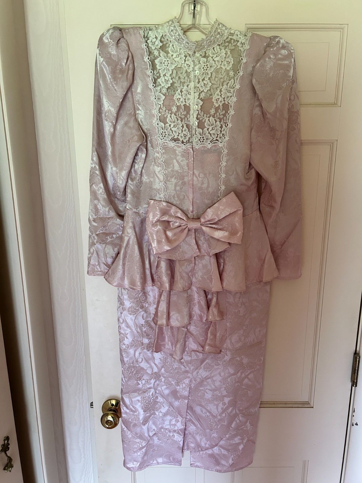 Scott McClintock pink cream brocade lace peplum bow midi dress bridal