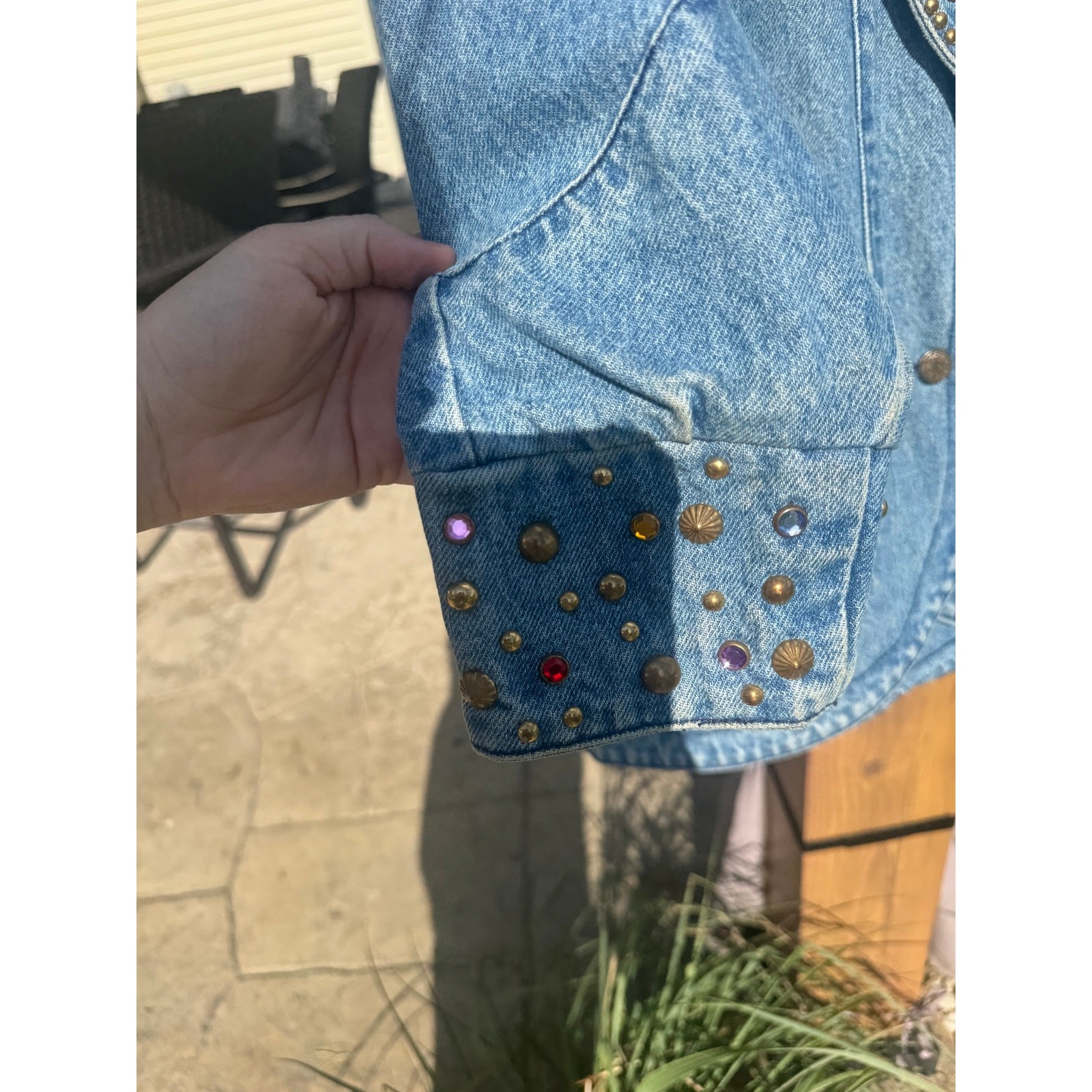Vintage 80s Studded Rhinestone Denim Jacket Blazer Oversized Dolman Western L XL