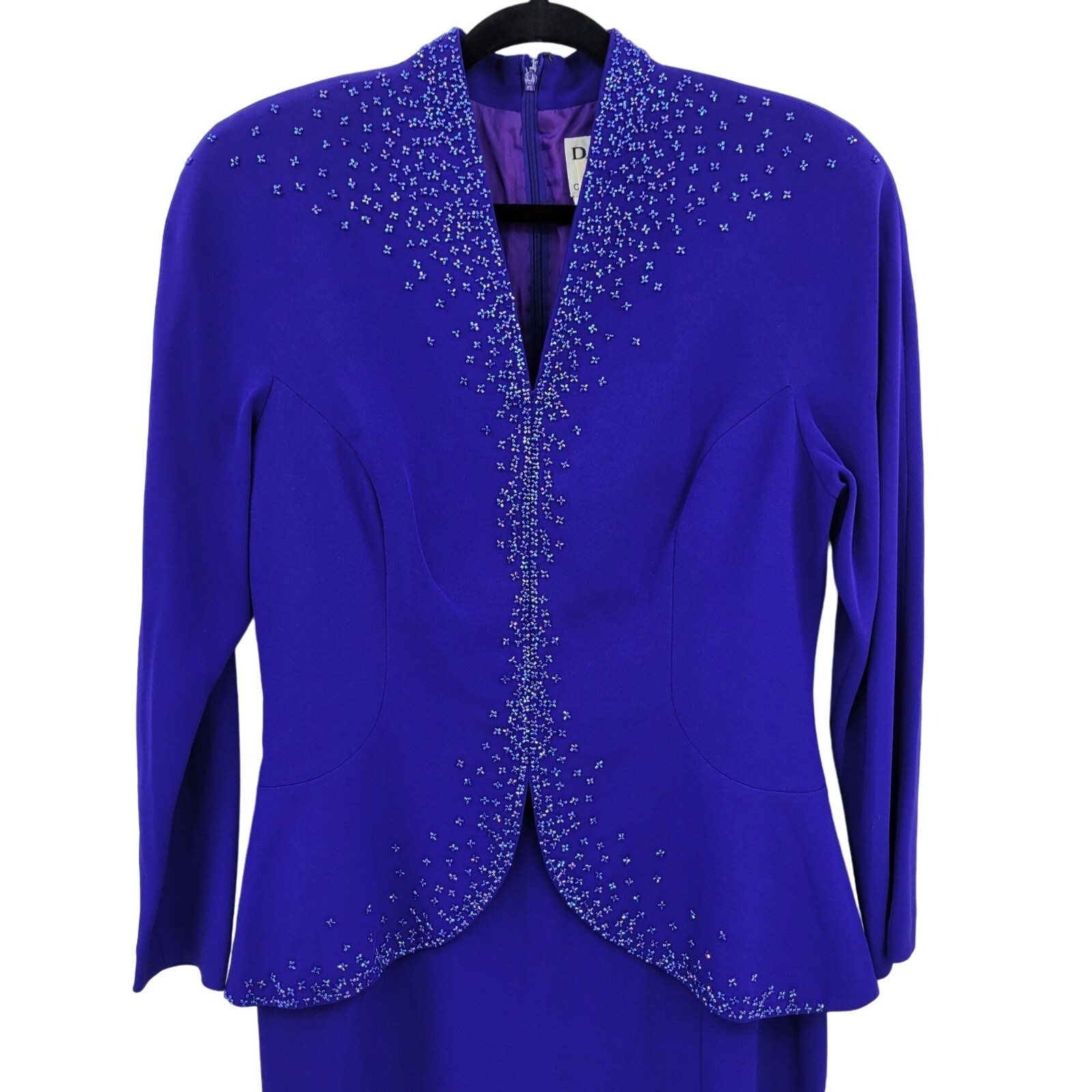 Vintage 80’s Daymor Couture Gown 6 Blue Peplum Beaded Front Slit Modest Sexy