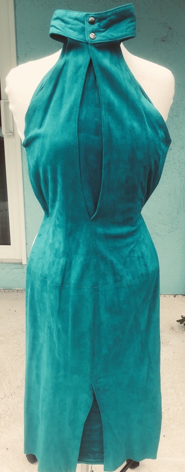 NWOT Firenze Santa Barbara long dress soft genuine suede, emerald teal color SzS