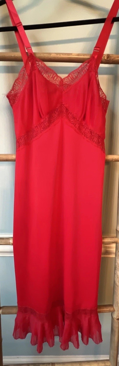 Vtg 50s Charmode Sears Ruffled Long Lace Slip Lingerie Pinup 34 T Valentine Red