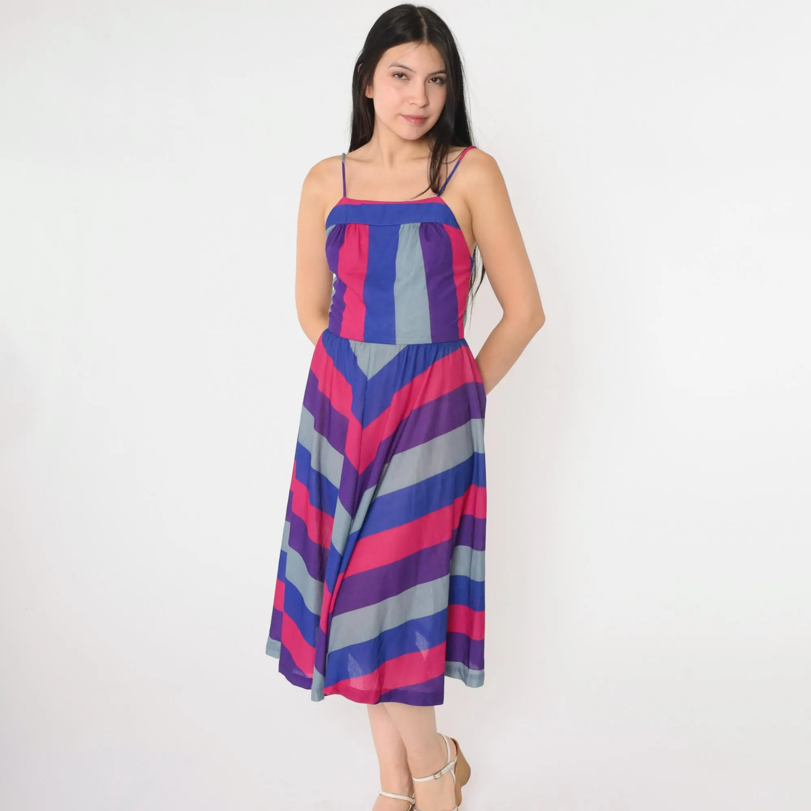 80s Sundress Chevron Striped Midi Dress Blue Pink Purple Boho Hippie 1980s Bohem