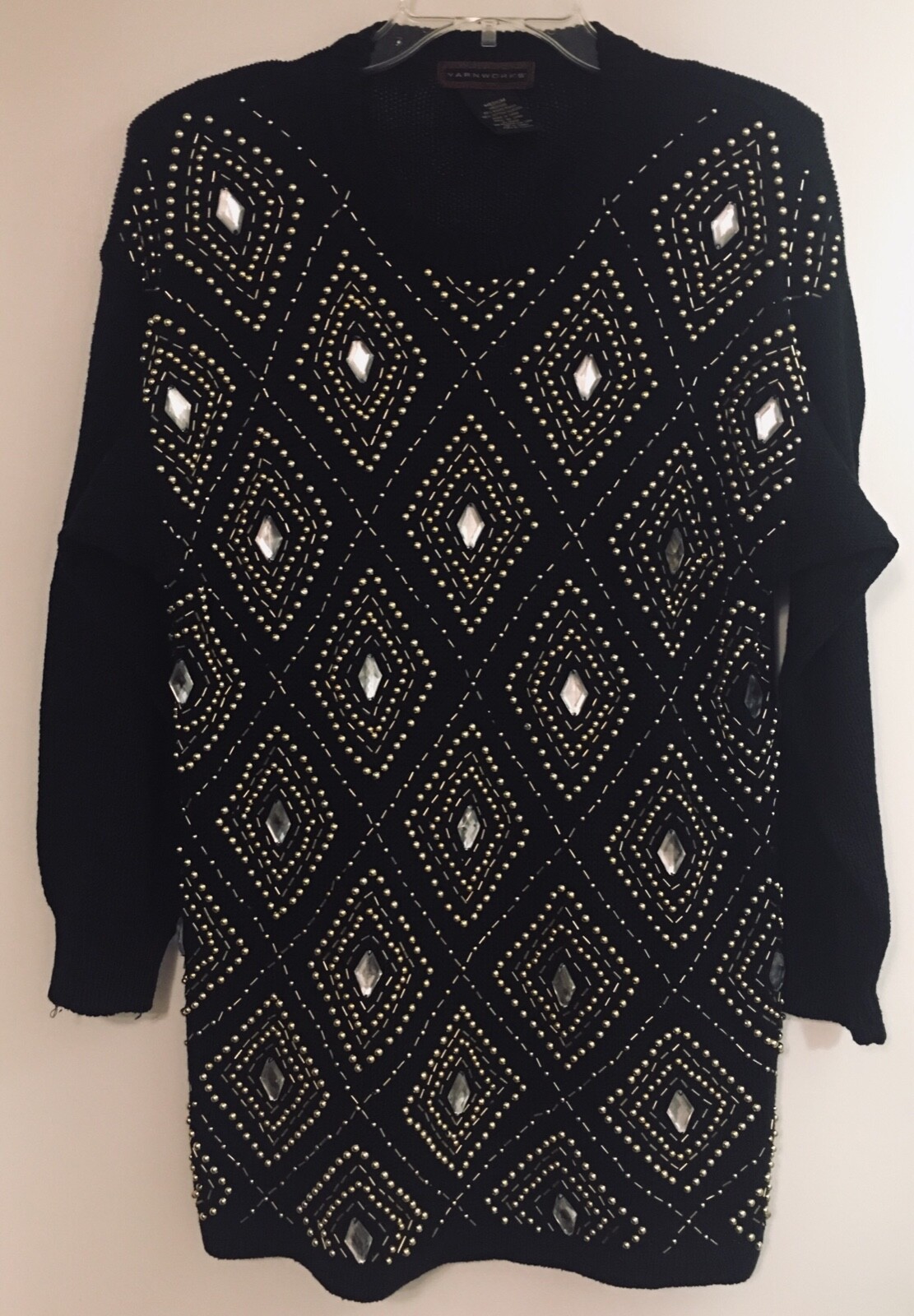 Genuine 1980’s Yarnworks Cotton Sweater Beaded Rhinestone Diamond Rhombus