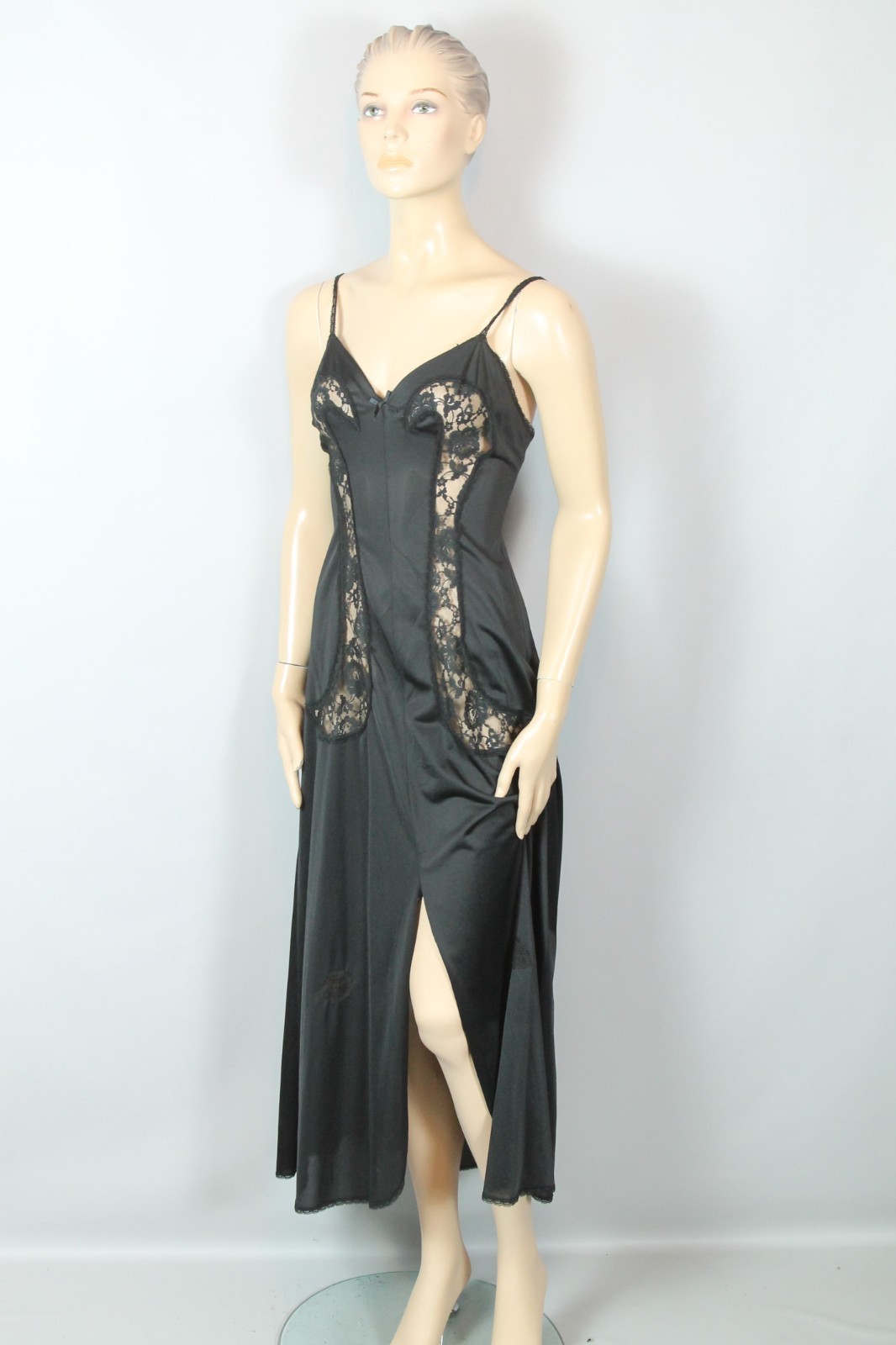 Vtg GLYDONS Made USA Hollywood Black Nylon Lace 2pc Peignoir Nightgown Robe M