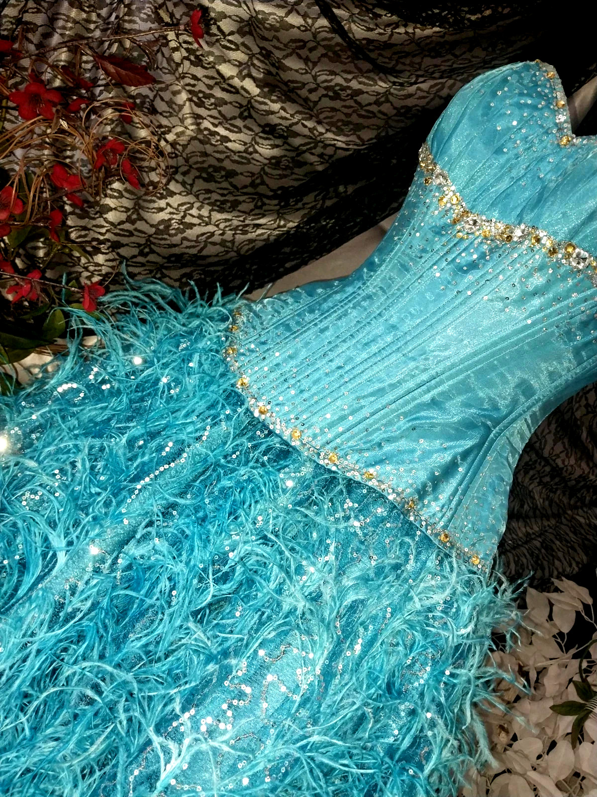 VTG Satin Burlesque Corset SHOW GIRL Skirt Set Drag AVANT La Cage Blue Dress