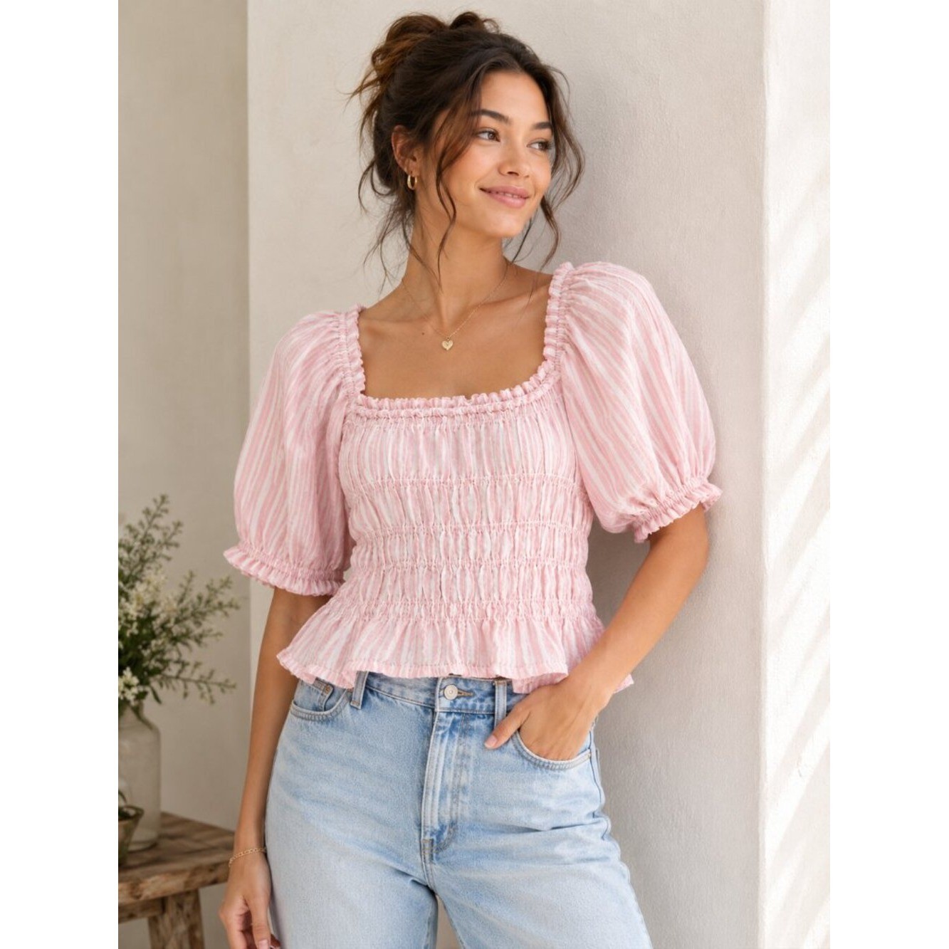 Anthropologie Cloth & Stone Pink Stripe Smocked CottageCore Coquette Sz XS 1284