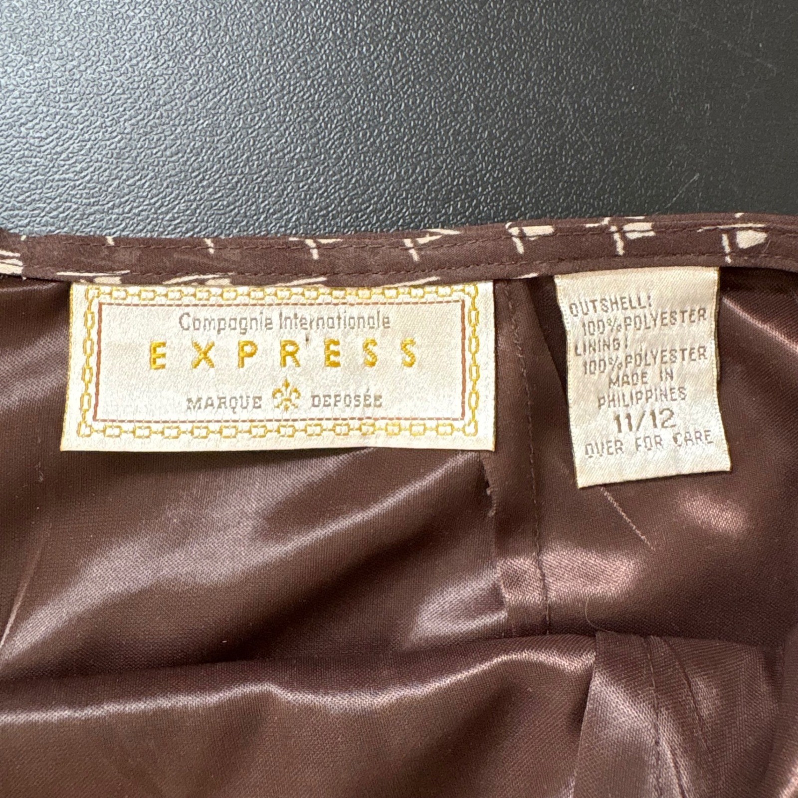 Vintage Express Brown Geometric Print Midi Skirt 90s Chiffon Lined Size 11/12