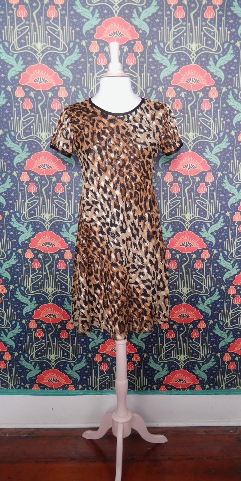 Vintage 90’s Y2K Gold Metallic Leopard Print Grunge Mini Short Sleeve Dress 4P