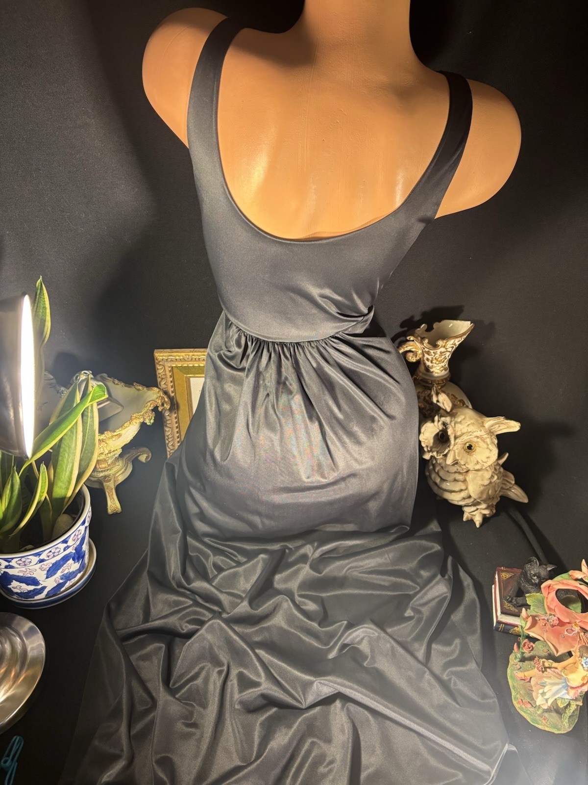 Vtg Silky Jet Black Wrap Bodice Frosted Shiny Long Gown Negligee Nightgown S