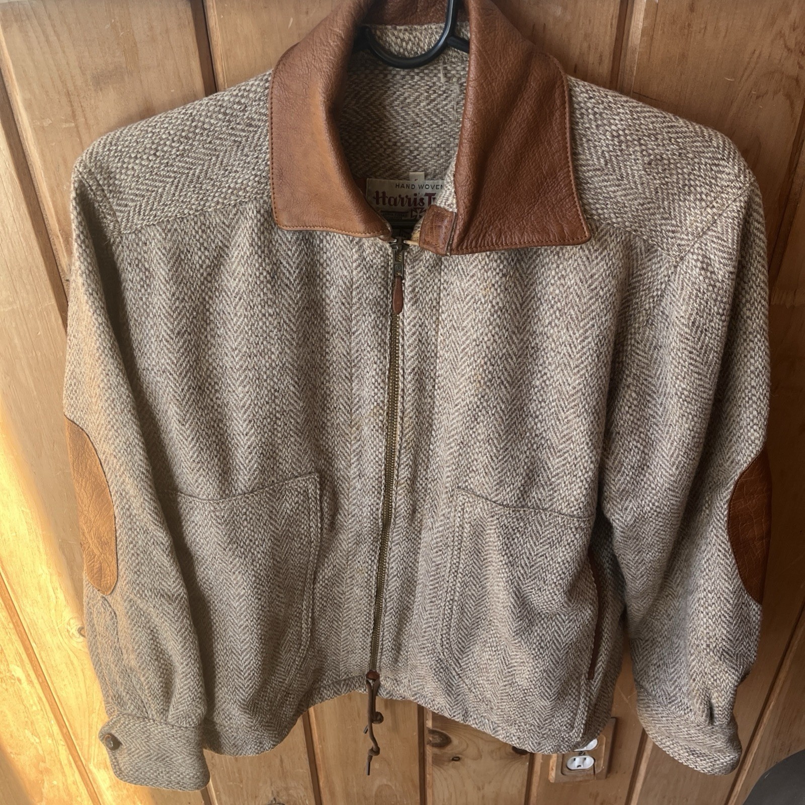 Vtg Harris Tweed Wool Jacket Size S Brown Leather Elbow Patch & Collar Zip READ