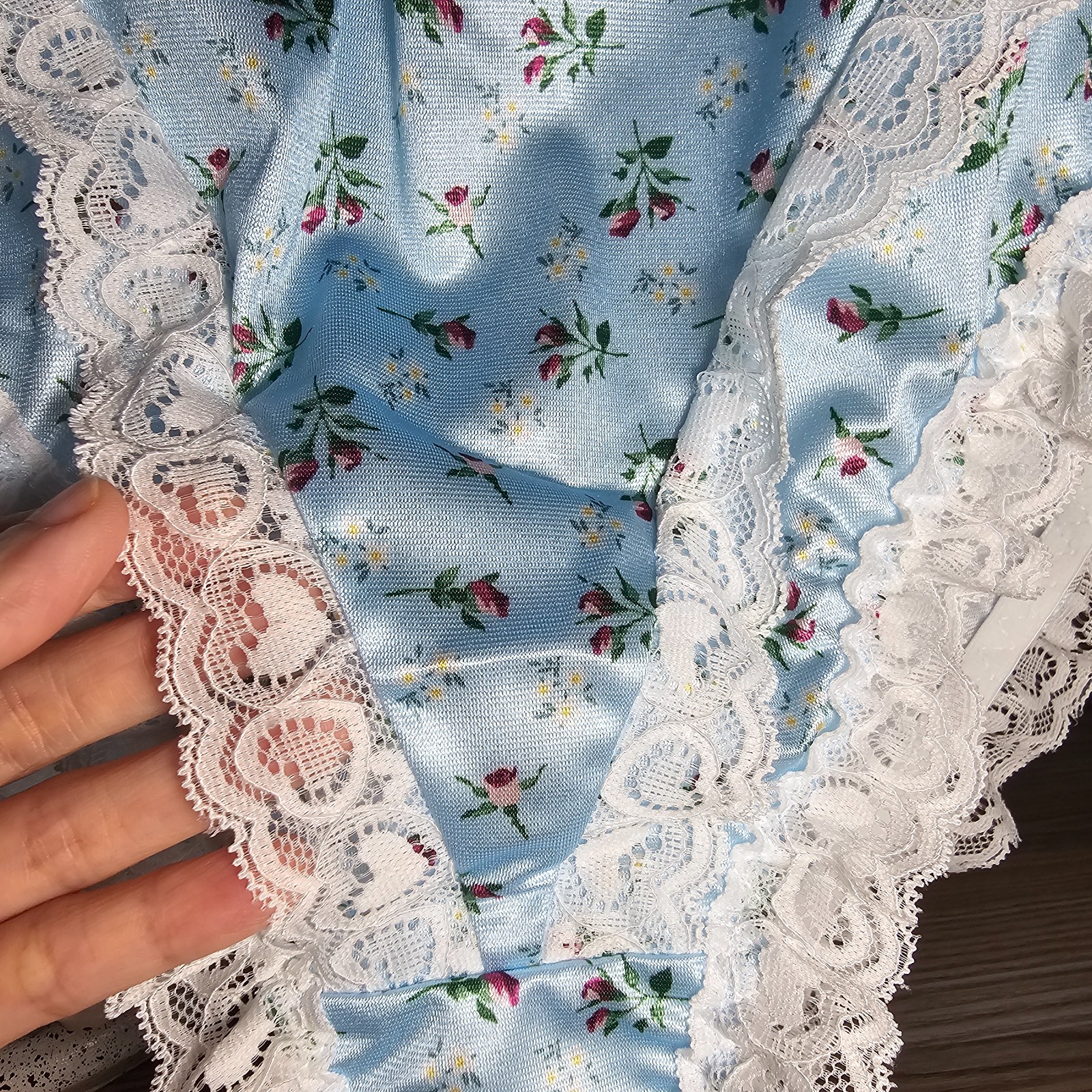 Glossy Floral Satin Panty Blue Bikini Sissy Nylon Lace Brief Sz 10-11 Hip 48-52″