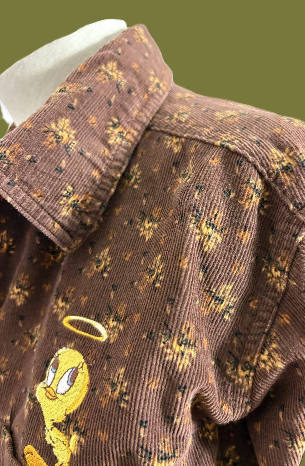 VTG Looney Tunes Woman’s Floral Corduroy Button Up Tweety Bird Size 14W/16W