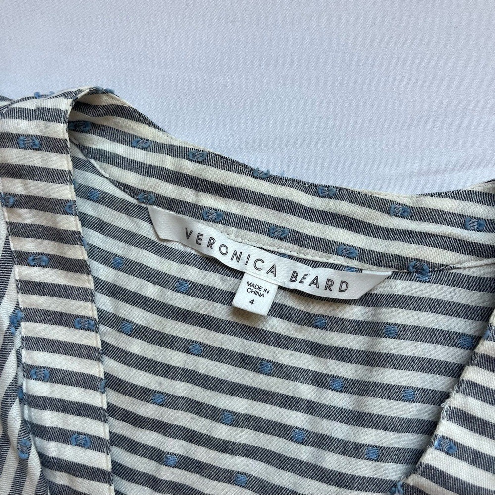 VERONICA BEARD ivory grey striped Swiss dot ruffle button up long sleeve mini