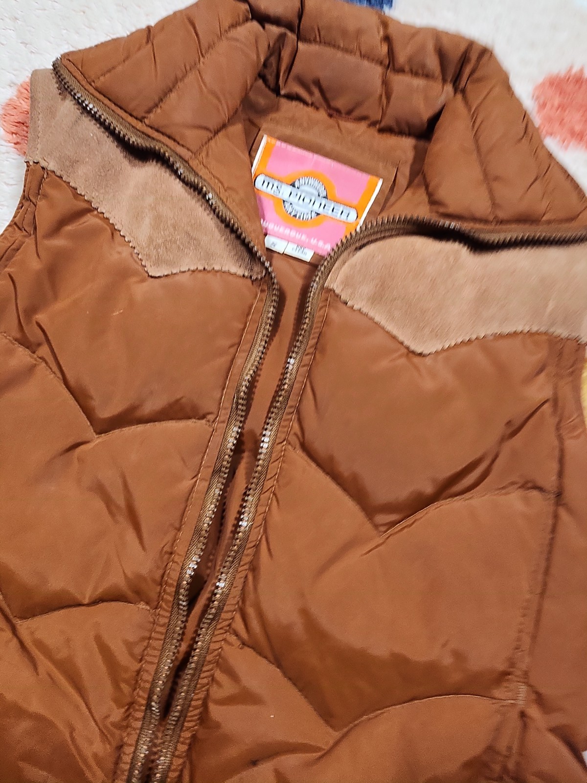 VINTAGE MS PIONEER 70’s Down Puffer Vest Small Women Nylon/Leather Brown Western