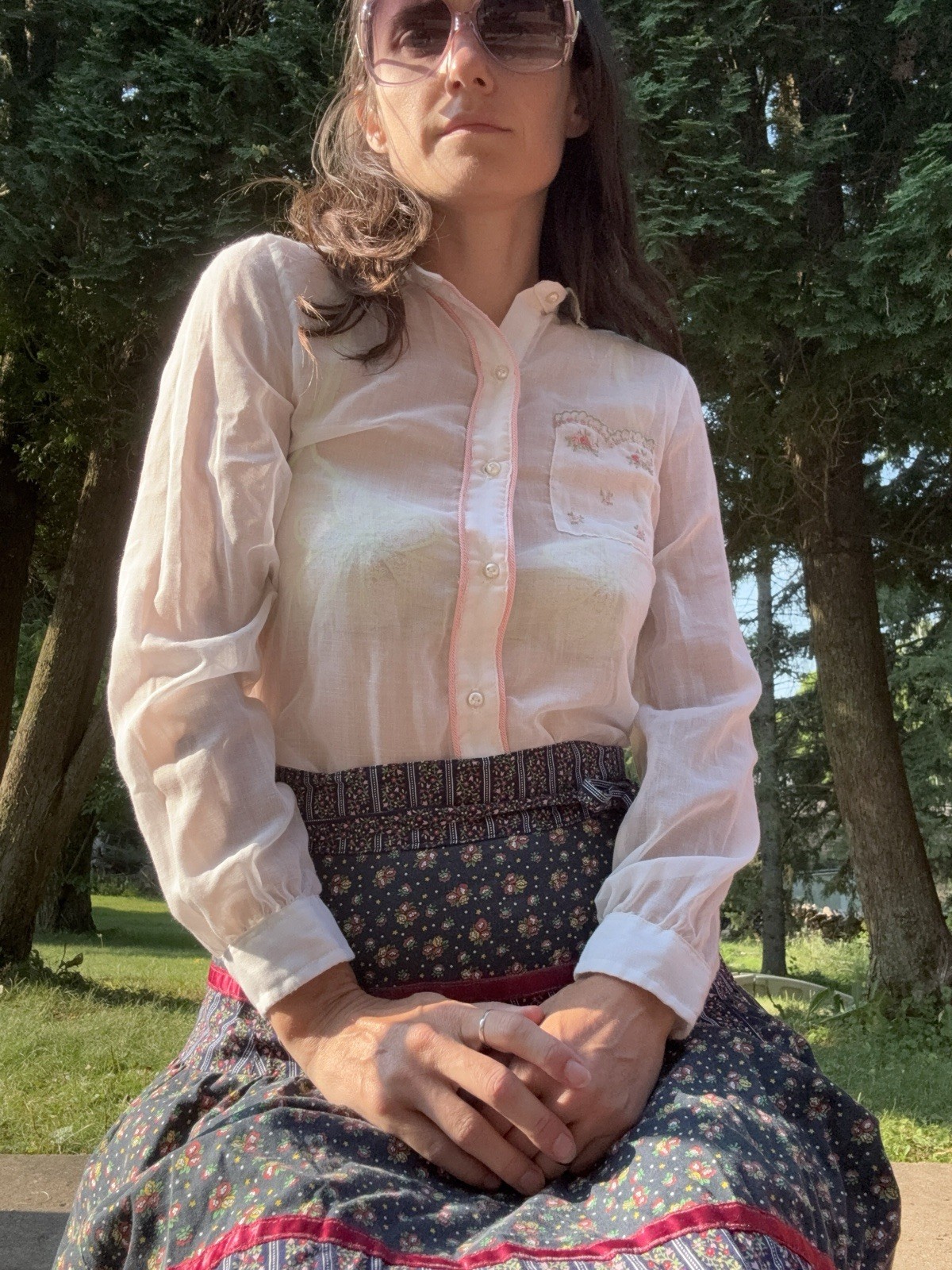 Vintage 70s Blouse Poly Cotton Semi Sheer Embroidered Cottagecore Coquette S