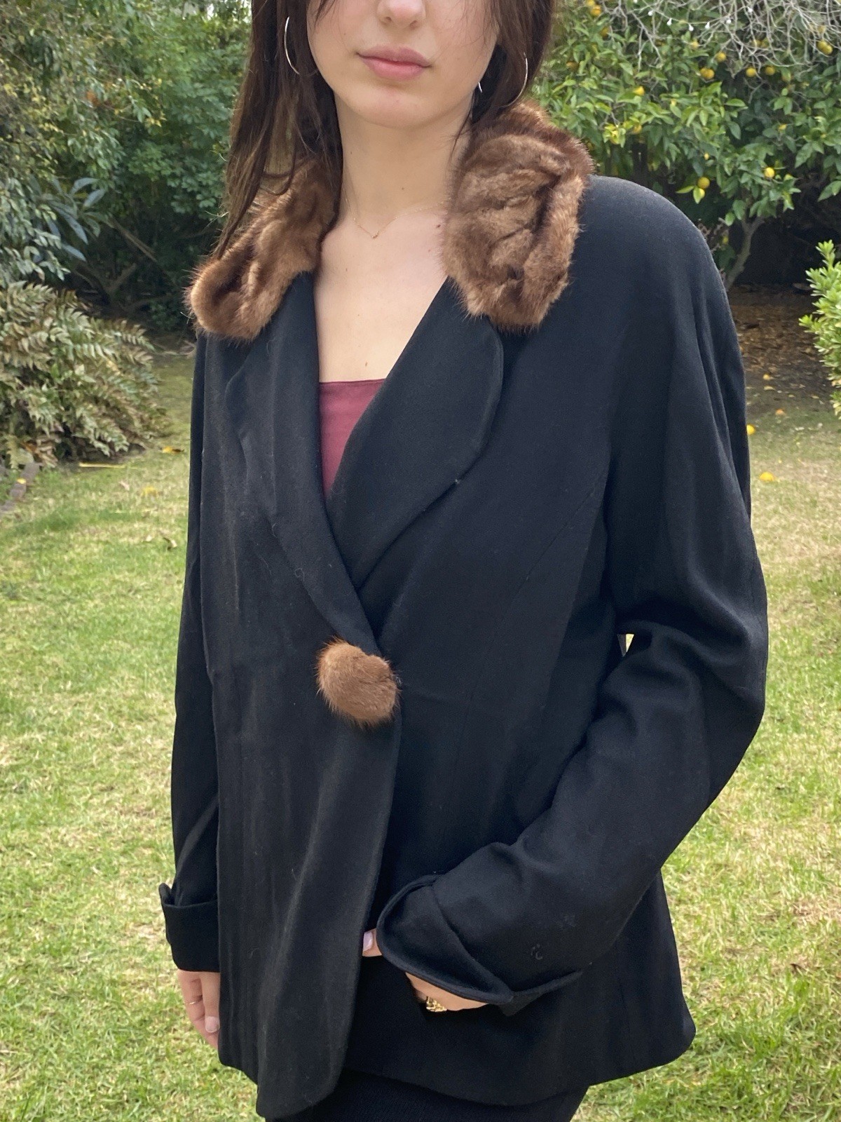 Vintage Lily & Taylor Finland Mink Trim L XL 100% Wool Black Jacket Blazer