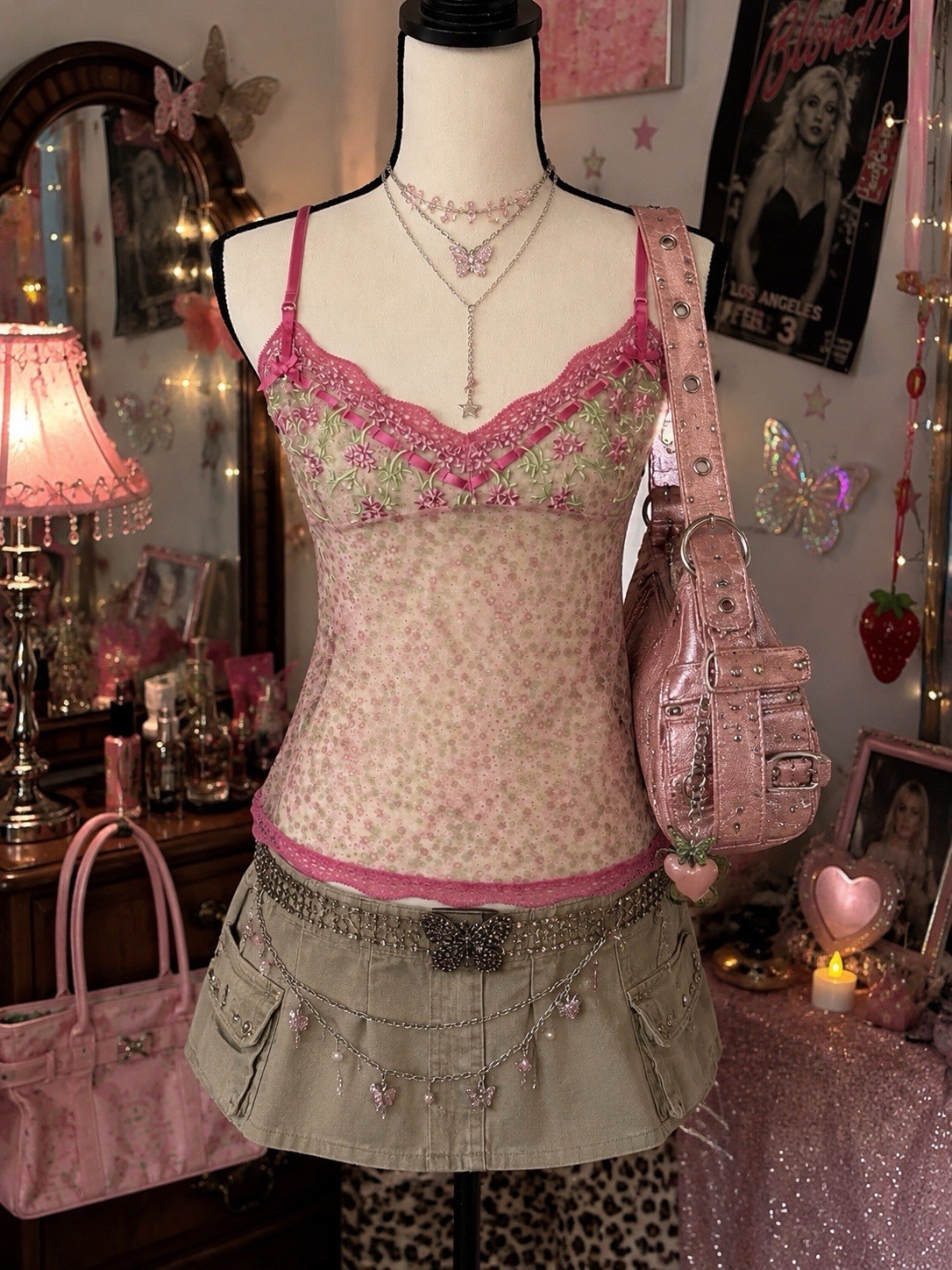 Vintage 2005 Y2K Victoria’s Secret Angels pink / green floral lace cami top M