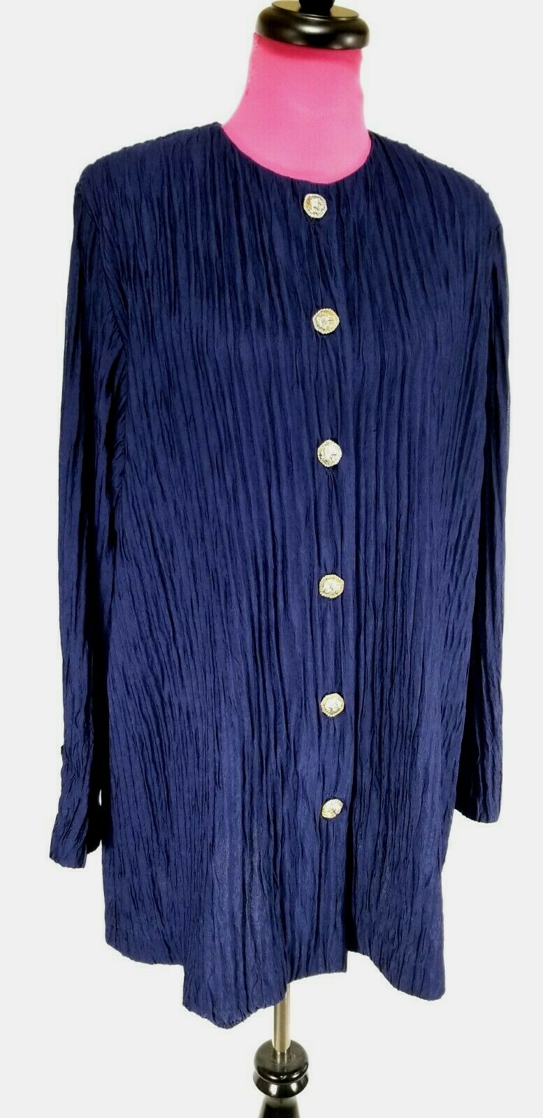 Vintage Ruth Norman Jacket Size L Womens Navy Blue Crinkle Decorative Buttons