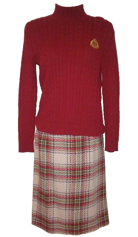 Ralph Lauren Cable Knit Crest Red Sweater w Vintage Plaid Skirt 9 Outfit