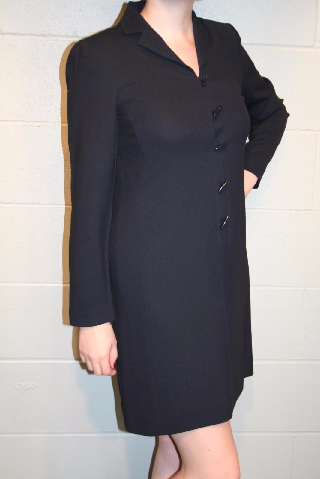 6 Petite Evan Picone Dress Vtg Sz S Deep Navy Blue Toggle Buttons Long Sleeve