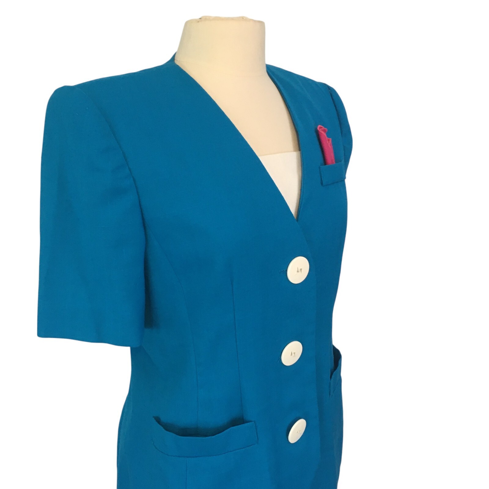 Leslie Fay Vintage 80s Teal Blue White Skirt Suit, Dress, 38 bust, 30 waist