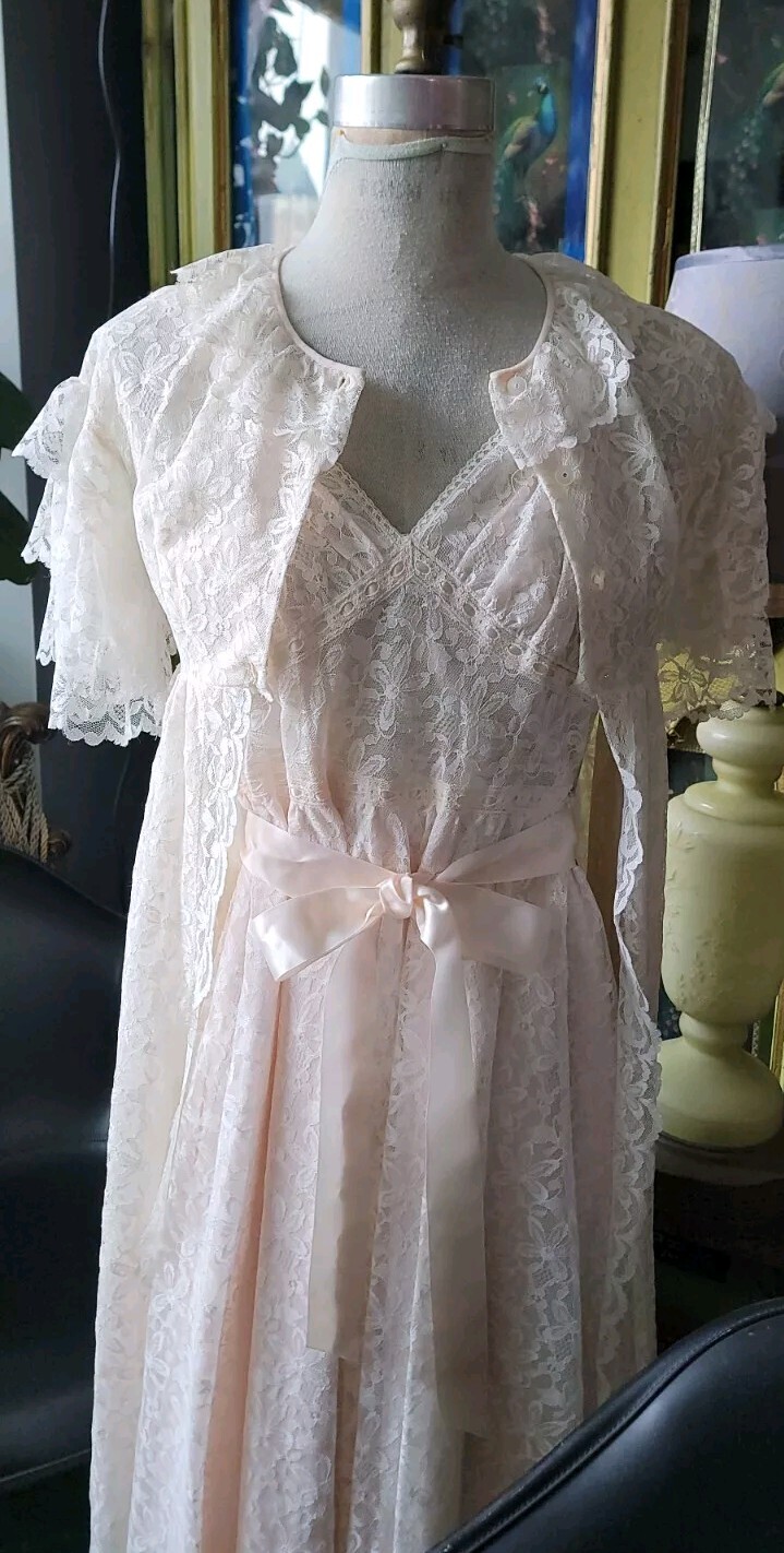 Vintage Aristocraft By Superior Lace Lingerie Robe+Nightgown Peignoir 2pc Sz 32