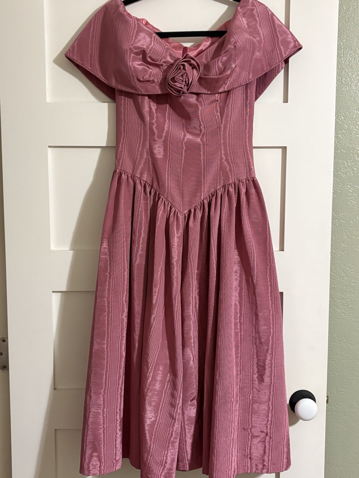 Vtg Handmade Rose Pink Moire Taffeta Dress 80s Basque Waist Rosette Prom Small