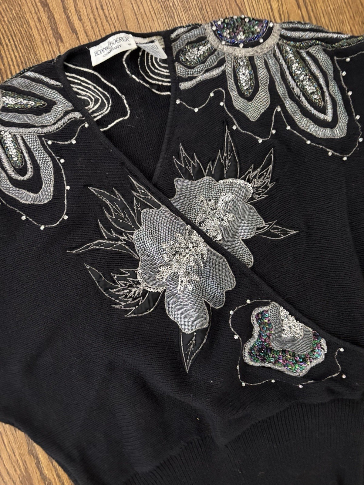 Vintage 1990’s Bonnie Boerer Metallic Silver Embellished Batwing Wrap Sweater M