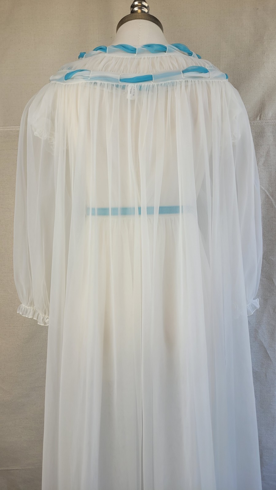 1960s exquisite sheer long white peignoir set with shirring & turquoise accents