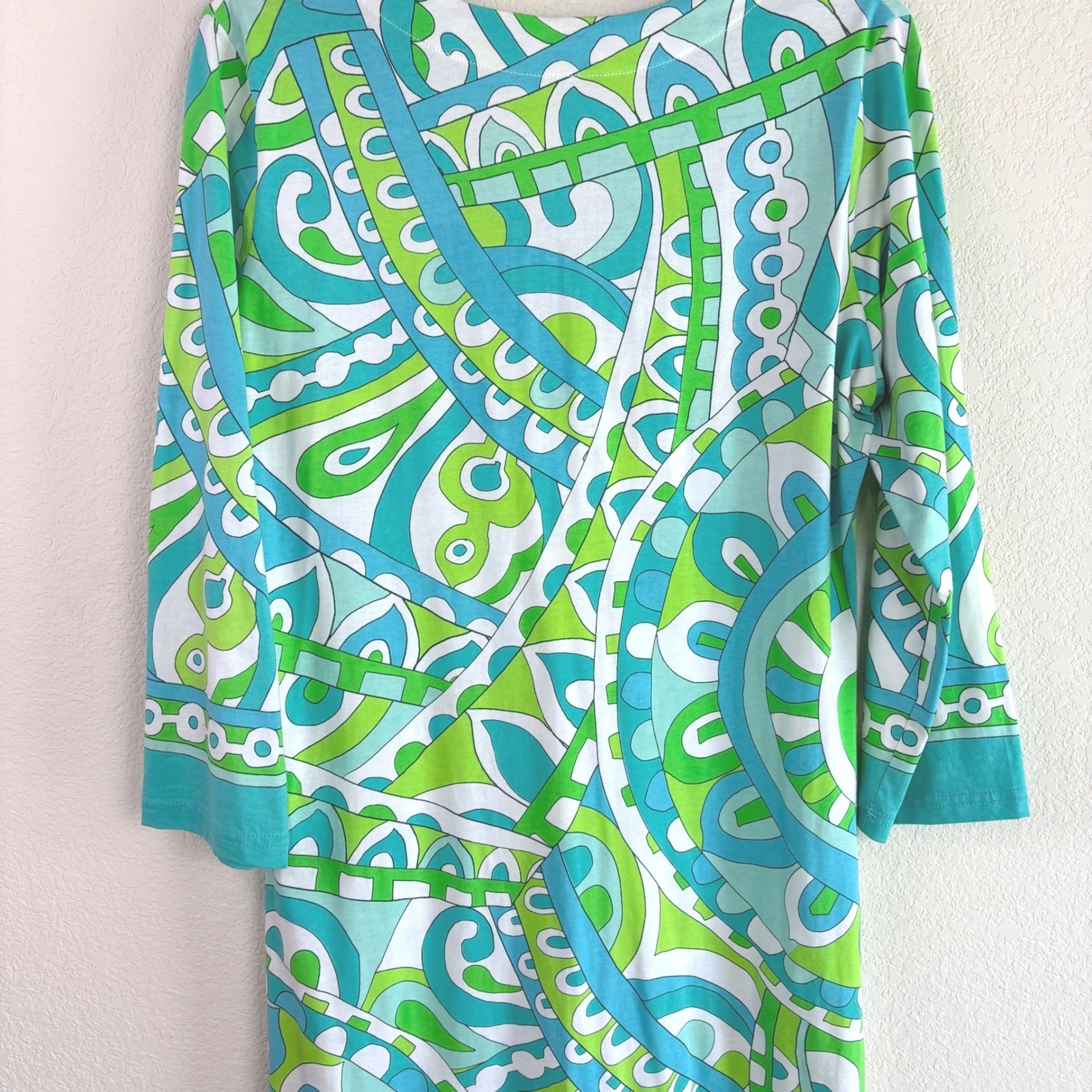 Barbara Gerwit Large Green Blue Geometric Tunic Dress V-Neck 3/4 Sleeve Mod