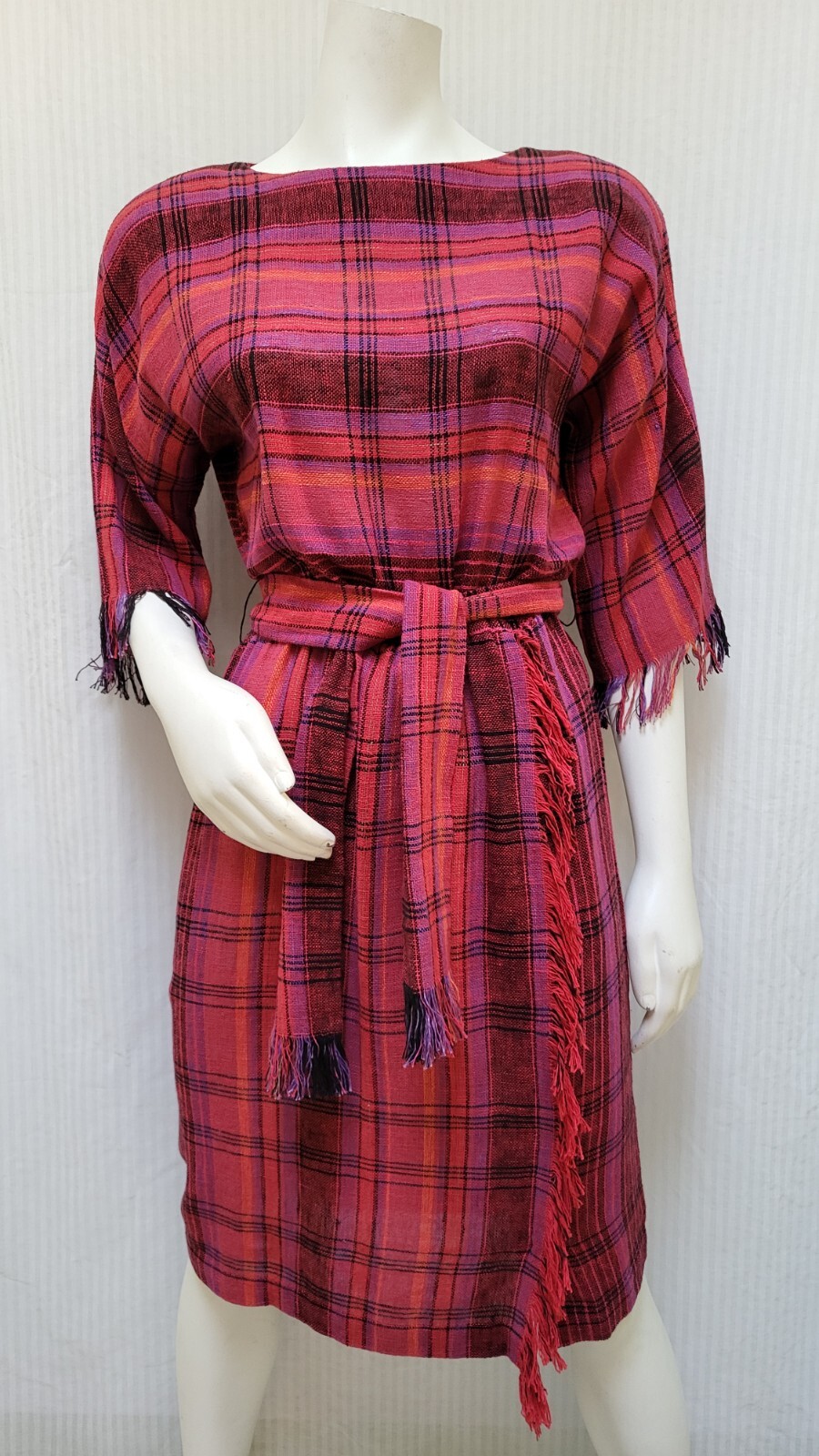 Vintage 1980s DW3 Woven Pink Plaid Fringe DRESS with BELT -Size M