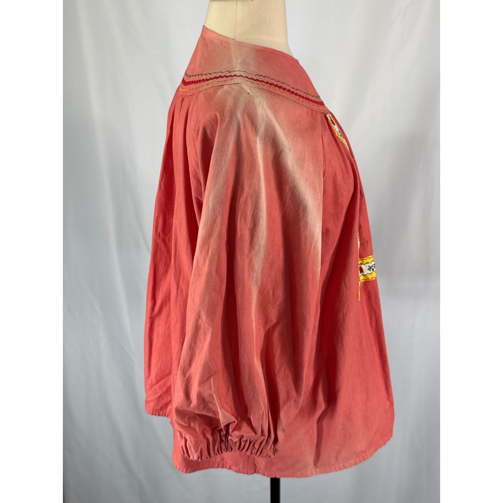 Vintage 70s Handmade Coral Peasant Blouse Strawberry Ribbon Trim Rickrack Boho