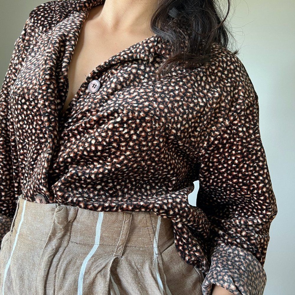 vtg 90s Clio velvet jacket blouse brown black leopard shirt size Large button up