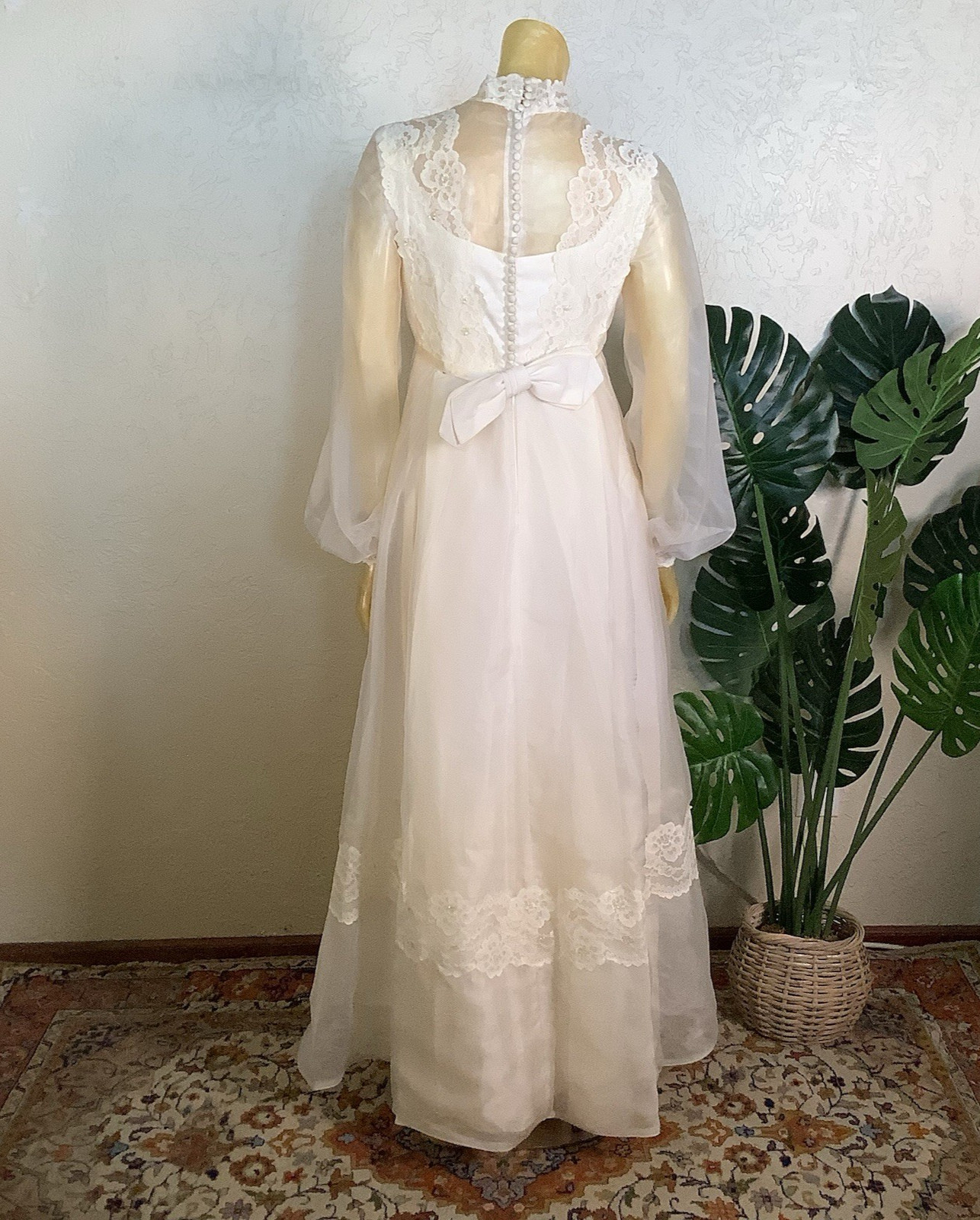 1970s Bridal Originals Regency Inspired Empire Waist Lace Wedding Dress & Train