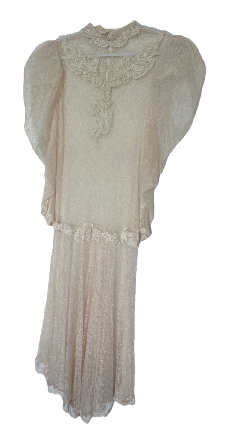 VTG Lorrie Kabala Lace Victorian Pearl Puff Sleeve Drop Waist Mermaid Dress 14
