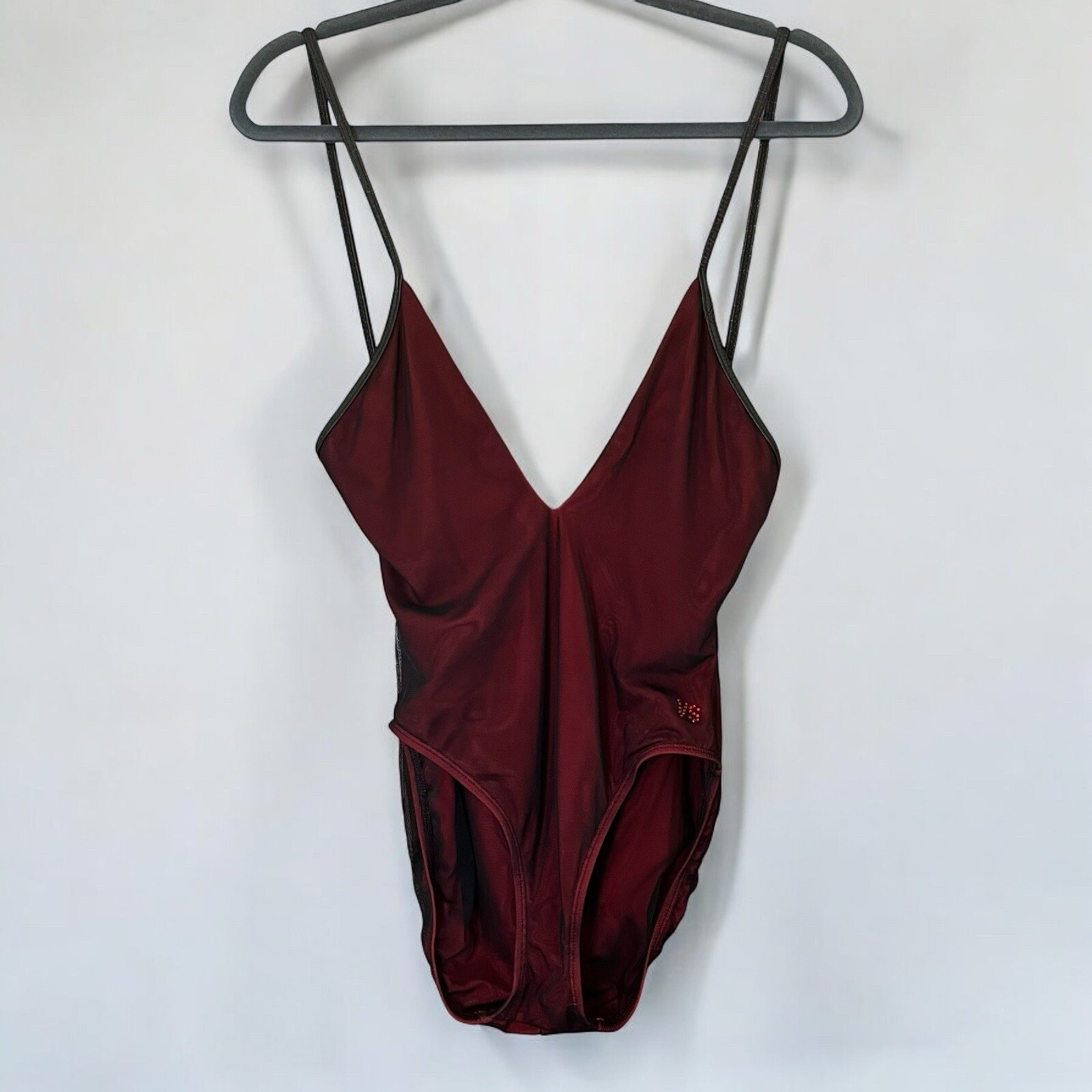 Vintage Victoria’s Secret Red and Black Mesh Deep V Bodysuit High Cut Leg Sz 8