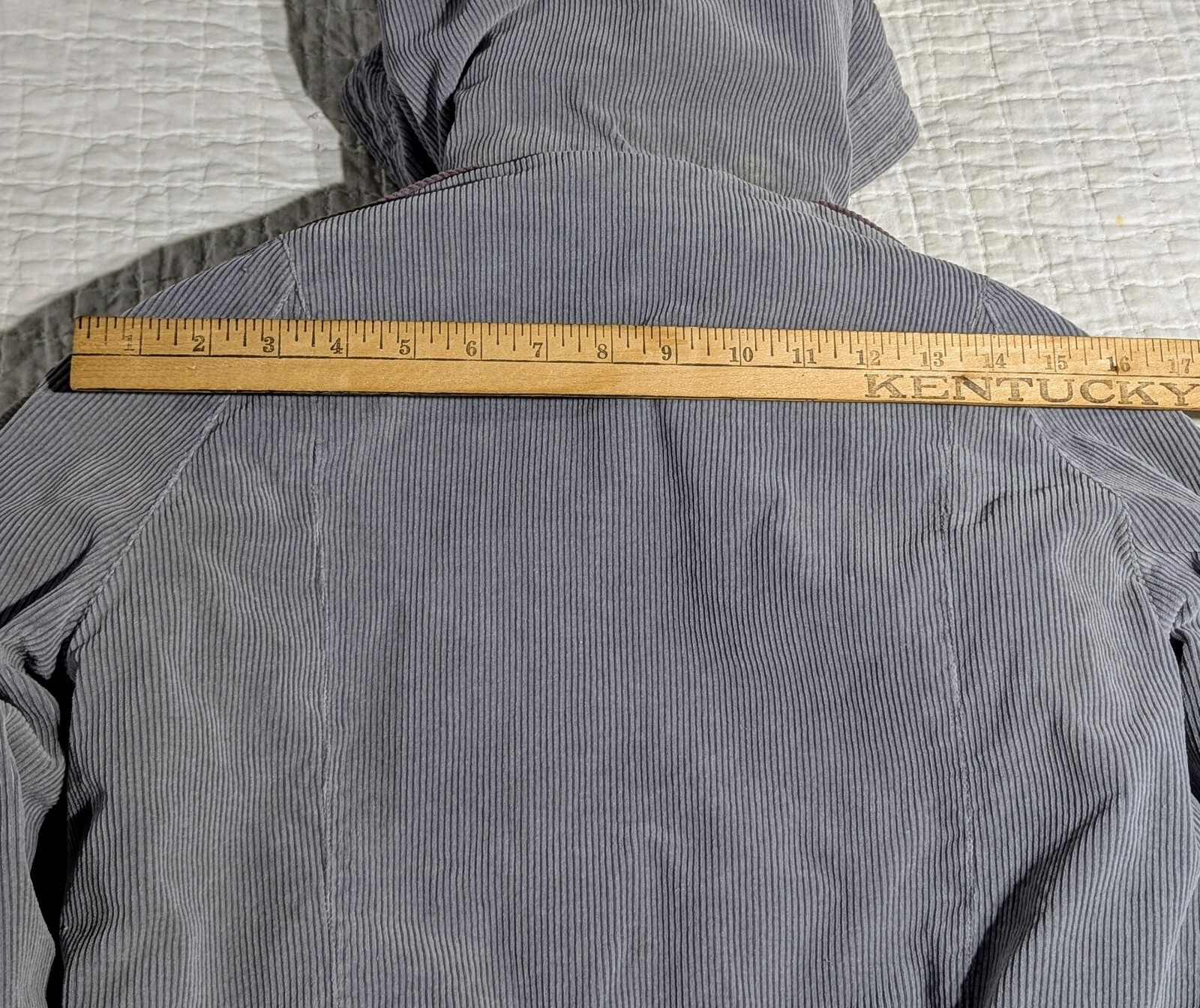 Vintage Mod Maid Coat 60s 70s Women’s SMALL Gray Corduroy Purple Trim Hooded