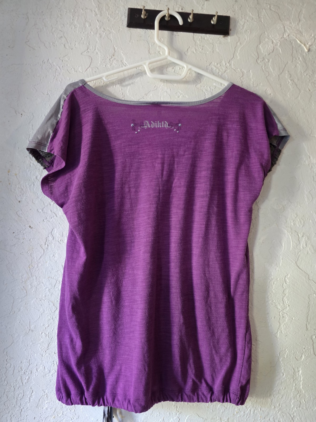 XL Adiktd Y2K Silver Studded Purple Top With Satin, Lacy, Silver Style Sleeves