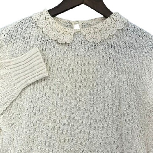 60s Glamour Knit Vintage Cream Crochet Lace Collar Pointelle Knit Sweater Sz M