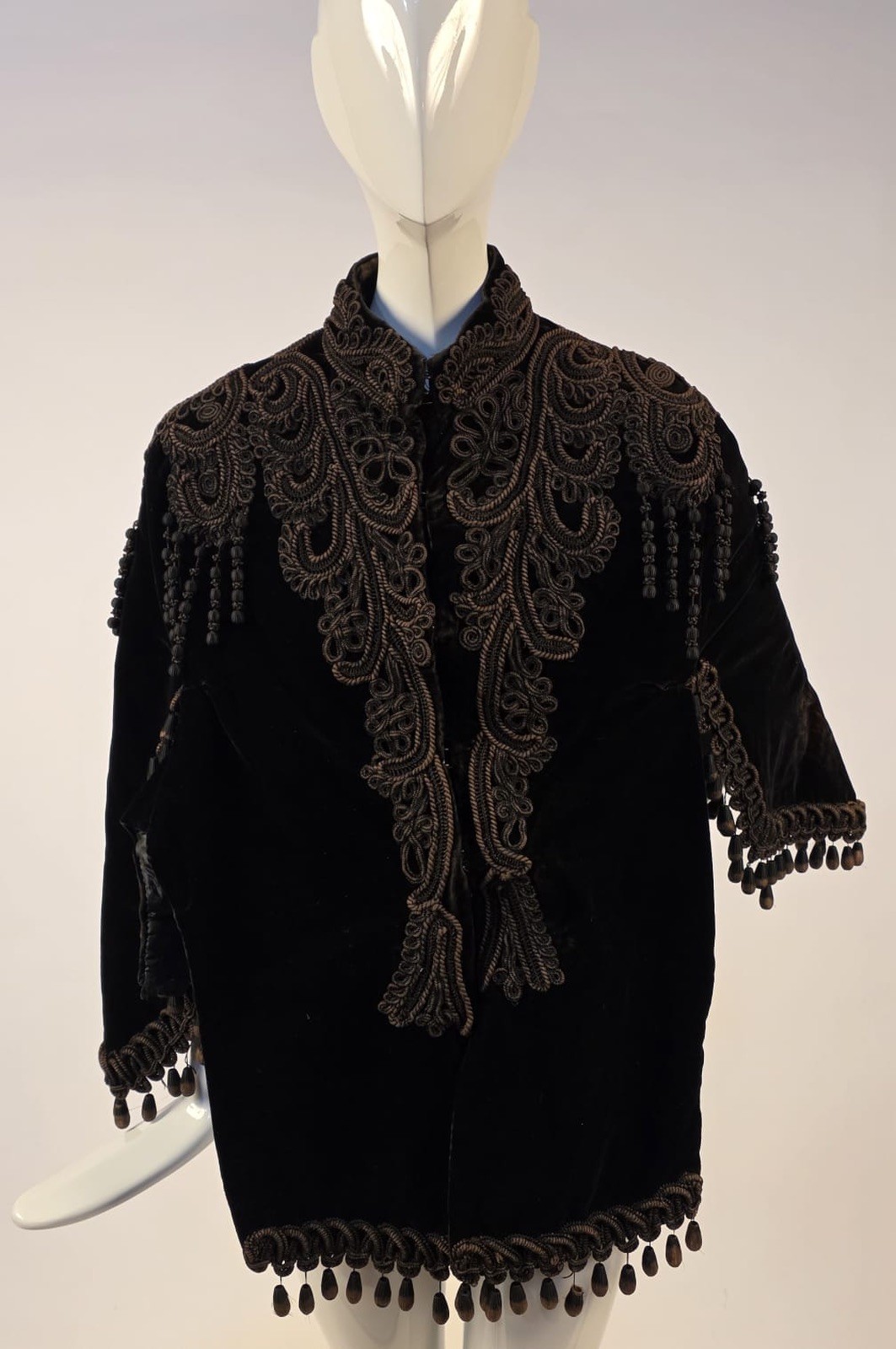 VICTORIAN 1870’S BLACK VELVET DOLMAN CAPE W SOUTACHE DETAIL + BUSTLE REAR