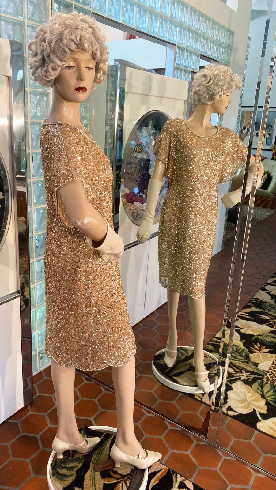 VTG Papell Evening Gold Sequin Beaded Dress Butterfly sleeves Fairy Knee 10