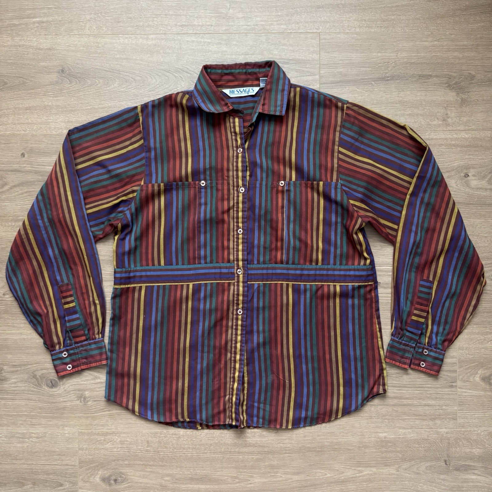 Vintage 80s Vertical Striped Button Light Shirt Messages Womens Sz 10 Multicolor