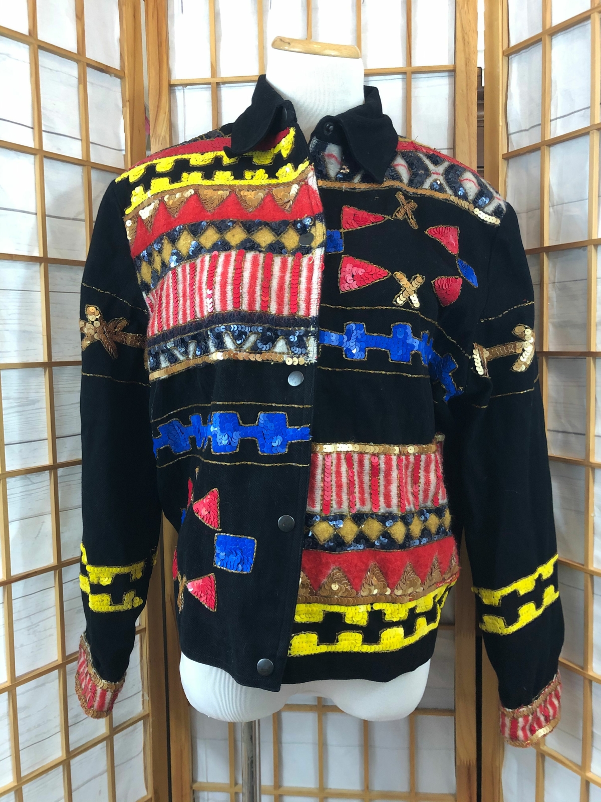 Vintage Modi Denim Black with Red Cotton Snap Button Front Sequined Jacket 8-10