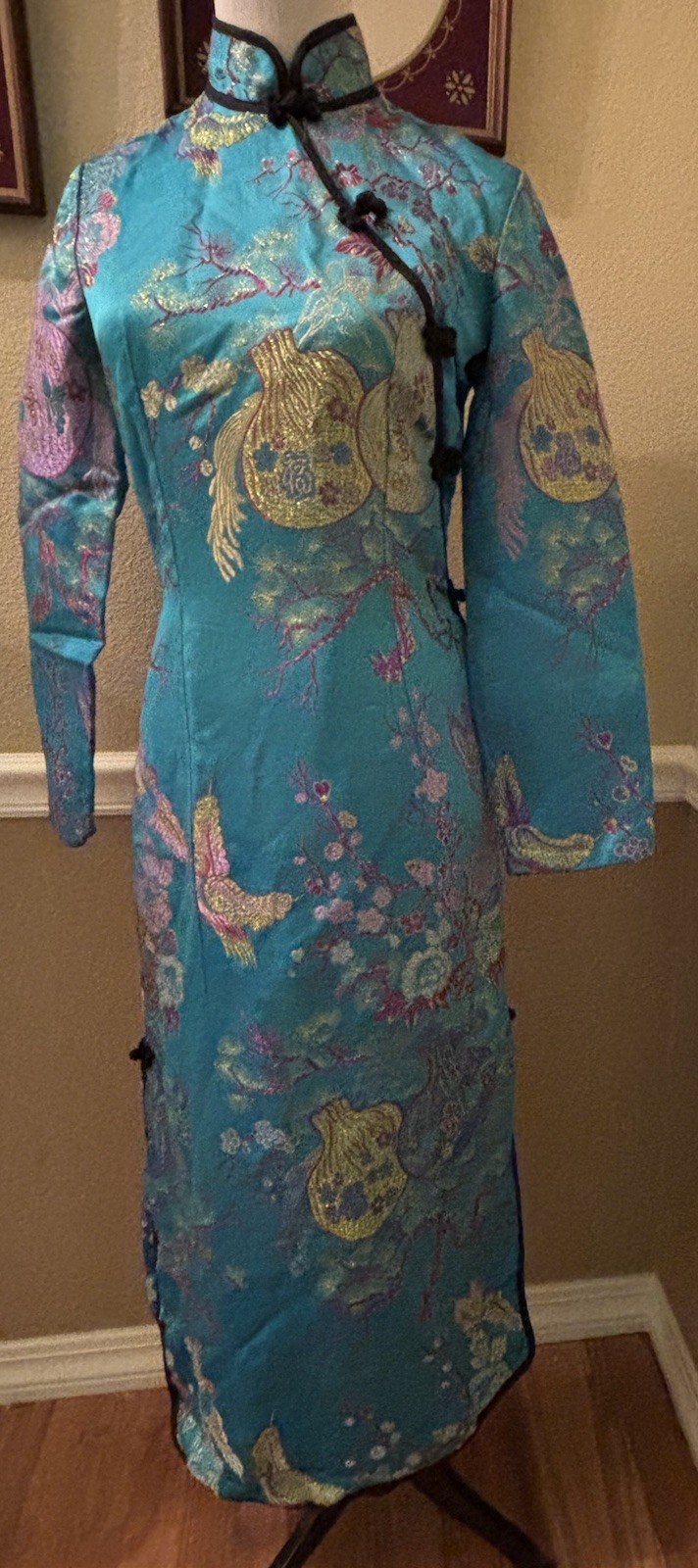 VTG Turquoise Satin Lame Unique Brocade Cheonsong Long Dress Long Sleeve Lined S