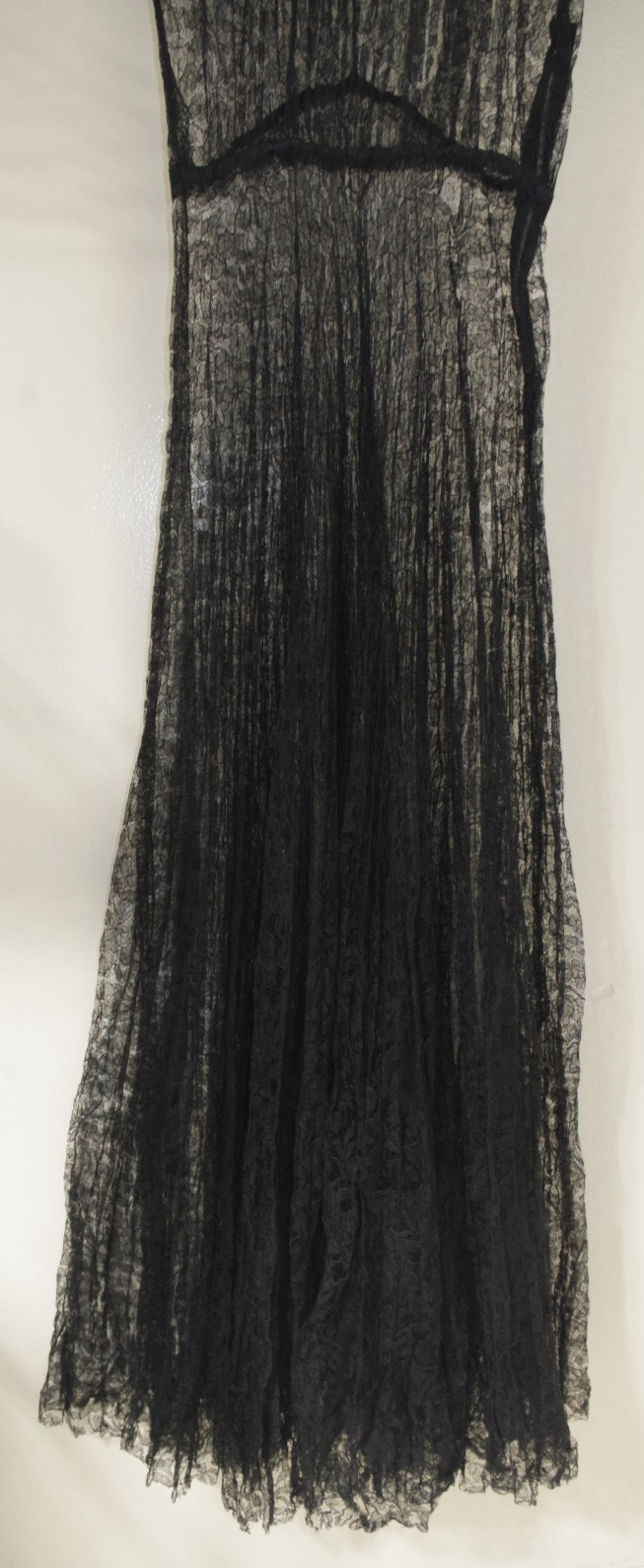 T3 ANTIQUE 1920’S SHEER BLACK French Lace Long DRESS Hand Sewn Grosgrain Ribbon