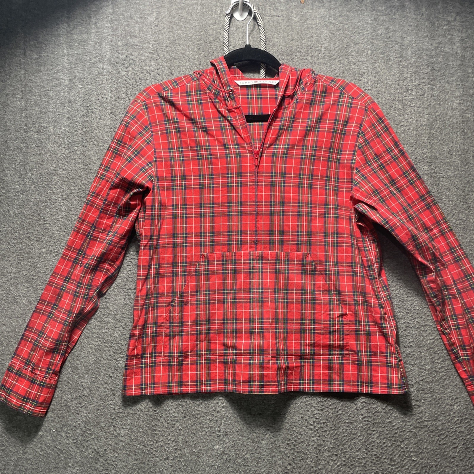 Vintage Tommy Hilfiger Jacket Mens Medium Anorak Hoodie Plaid 1/4 Zip 90s Cotton