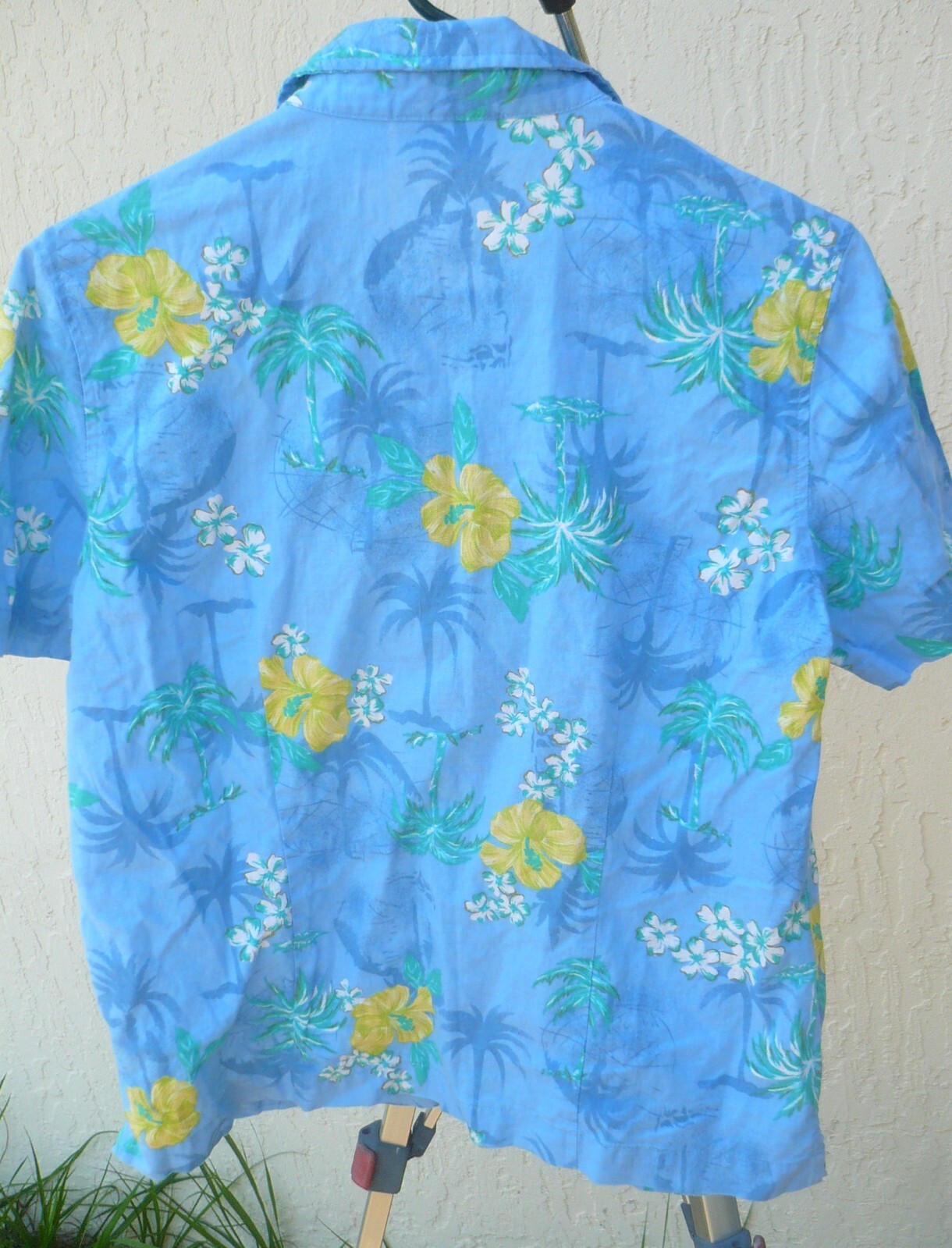 SUN BAY COTTON M L LINEN HAWAIIAN YELLOW FLORAL BLUE SHIRT BLOUSE BUTTON UP FLAW