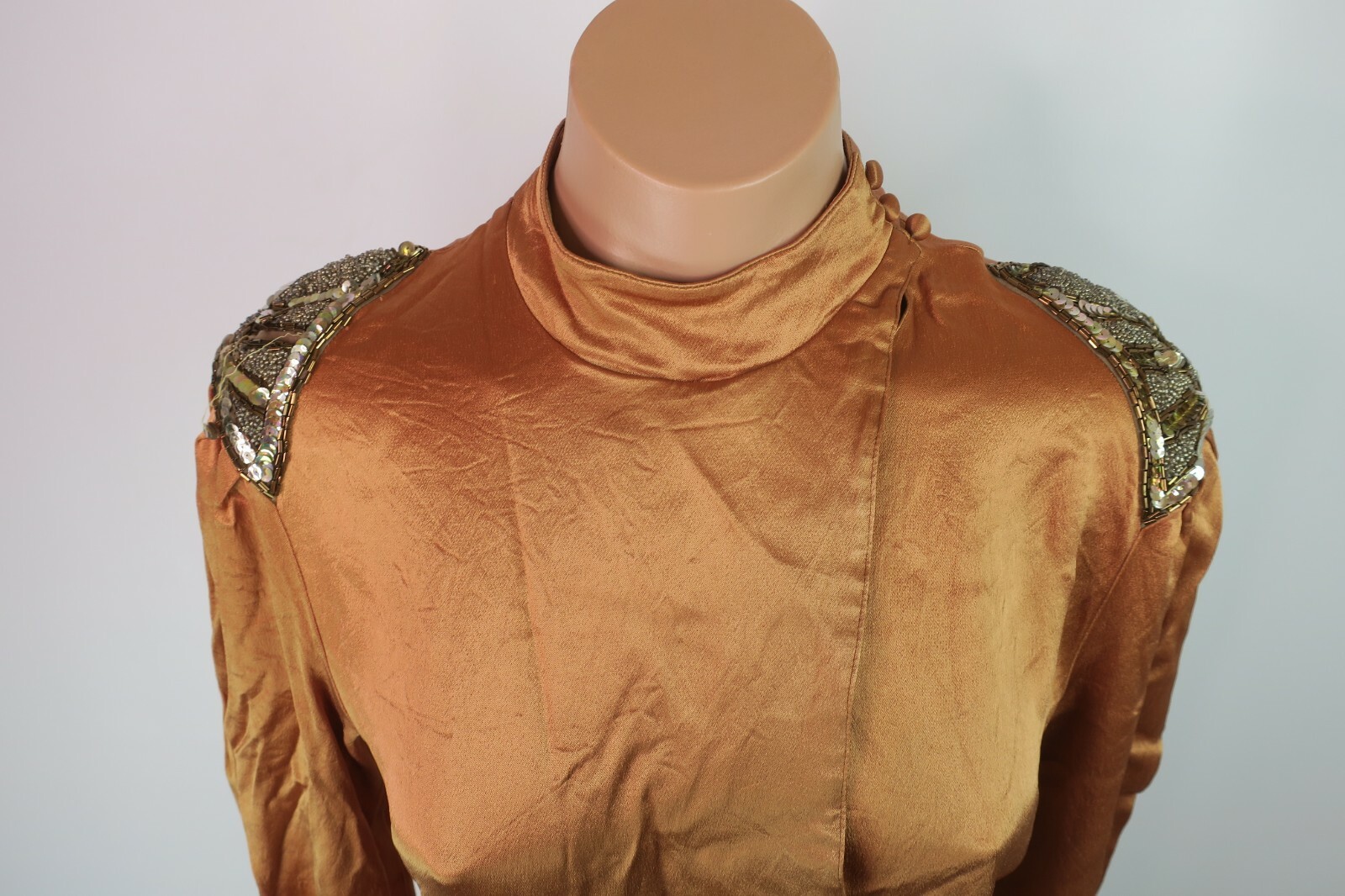 VTG 80s Bronze Gold Metallic House Dress Jonathan Hitchcock Sequin Fit Flare M/L