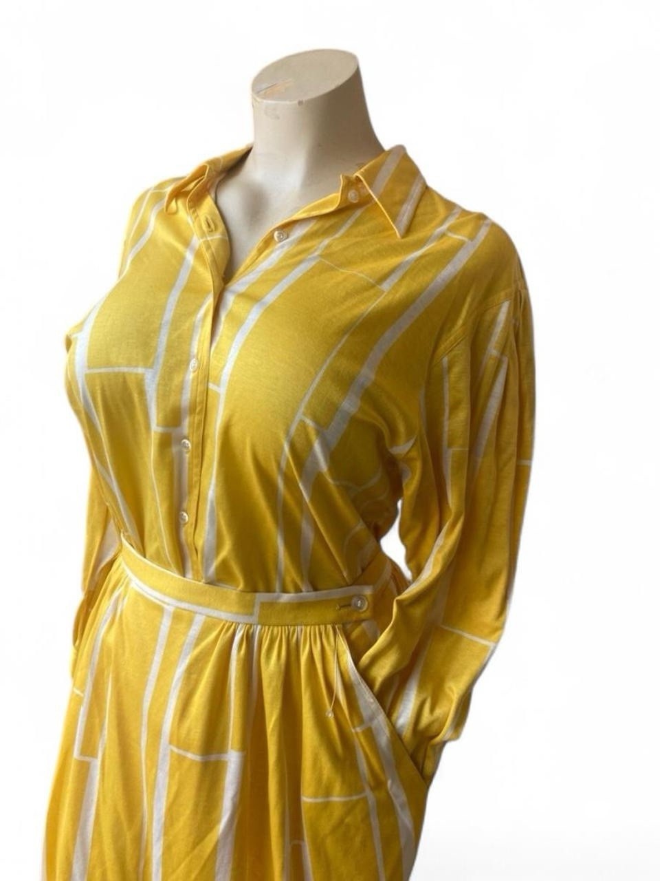 Vintage 70s/80s Jaeger London Yellow Skirt, Blouse Set W/Pockets Size 14